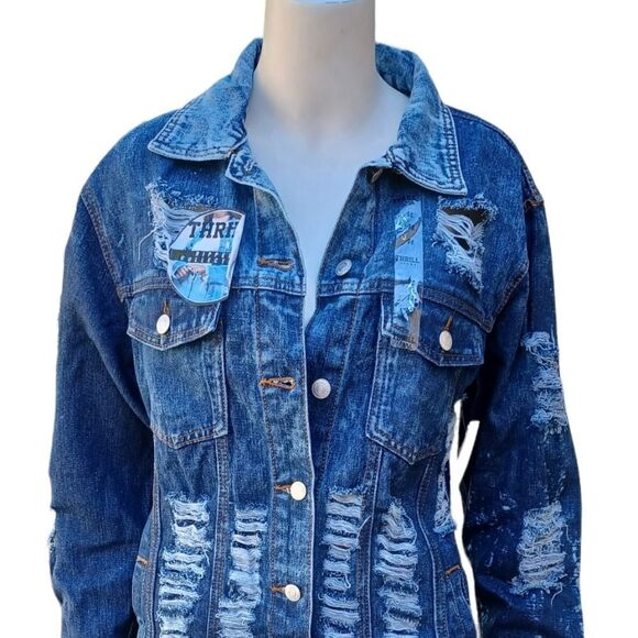 6221....Thrill Long Jean Jacket Size Medium - Picture 1 of 6